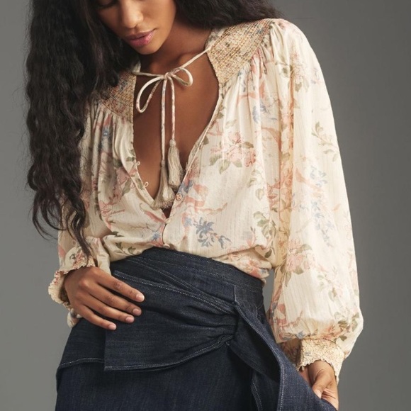 Anthropologie Long-Sleeve Smocked Lurex Top Medium - Picture 13 of 13